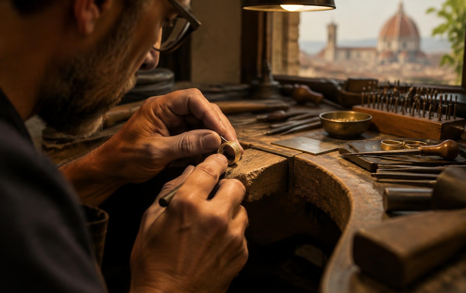 Italian goldsmith at work in his atelier