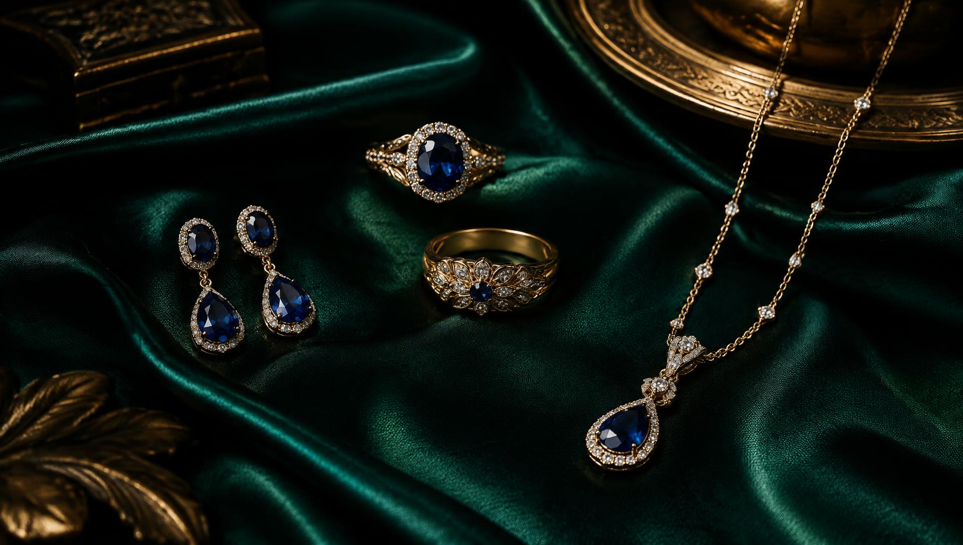 Handcrafted Italian gold jewelry with sapphires on emerald silk